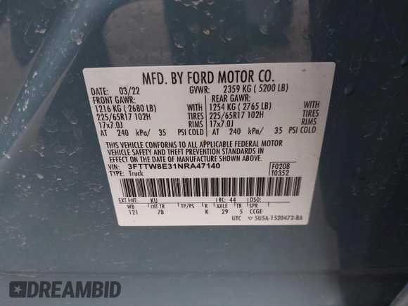 2022 Ford Maverick XL z VIN 3FTTW8E31NRA47140, wystawiony jako IAAI lot #41684097 z przebiegiem 39 225 mil mil oraz . Historia ofert i sprzedaży dostępna na DreamBid. Obrazek 9.