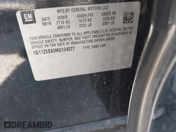 2017 Chevrolet Impala LS with VIN 1G11Z5SA9HU134077, listed as a IAAI auction lot 41818249 with 121,733 mi miles and . Bid and sale history available at DreamBid. Image 9.