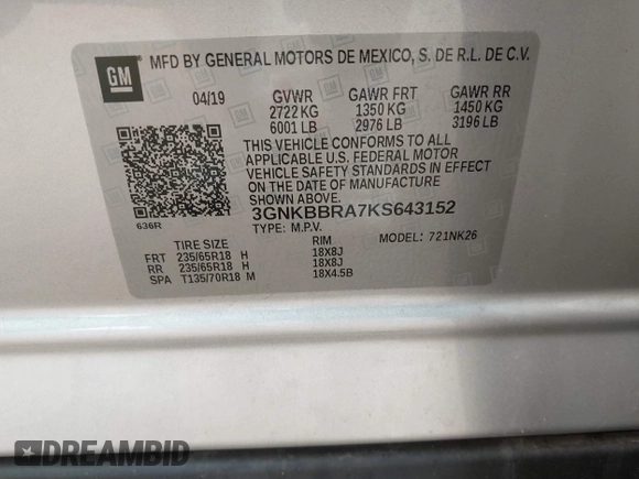 2019 Chevrolet Blazer z VIN 3GNKBBRA7KS643152, wystawiony jako IAAI lot #41510933 z przebiegiem 73 252 mil mil oraz . Historia ofert i sprzedaży dostępna na DreamBid. Obrazek 9.