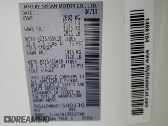 2014 Infiniti QX60 with VIN 5N1AL0MMXEC500130, listed as a Copart auction lot 49145145 with 139,301 mi miles and Salvage title. Bid and sale history available at DreamBid. Image 13.