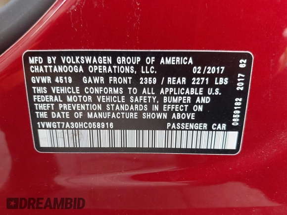 2017 Volkswagen Passat SE with VIN 1VWGT7A30HC058916, listed as a IAAI auction lot 42450554 with 82,960 mi miles and . Bid and sale history available at DreamBid. Image 9.