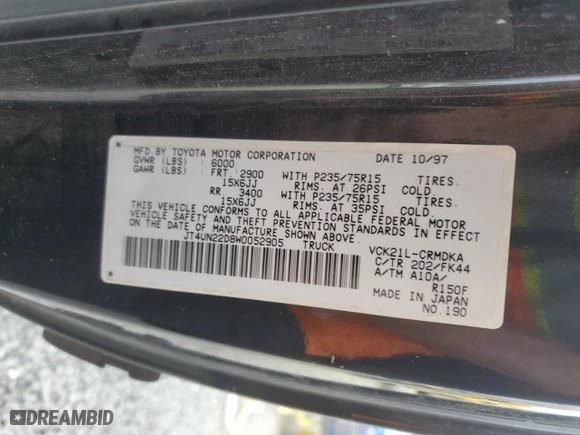 1998 Toyota T100 DX with VIN JT4UN22D8W0052905, listed as a Copart auction lot 72473714 with 252,471 mi miles and Salvage Title. Bid and sale history available at carsss.com. Image 14.