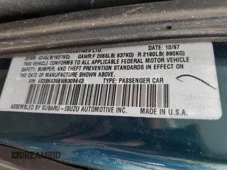 1998 Subaru Legacy L with VIN 4S3BK4358W6309643, listed as a Copart auction lot 57589795 with 250,739 mi miles and Salvage title. Bid and sale history available at DreamBid. Image 13.