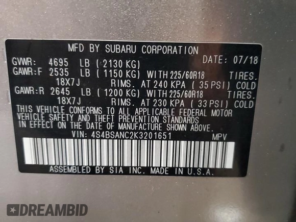 2019 Subaru Outback Limited with VIN 4S4BSANC2K3201651, listed as a Copart auction lot 63576275 with Not provided miles and Salvage title. Bid and sale history available at DreamBid. Image 13.