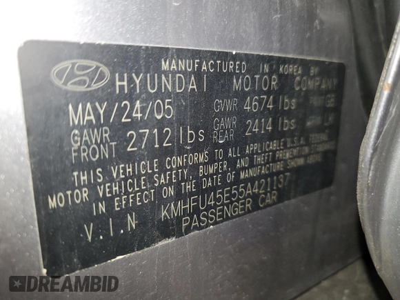 2005 Hyundai XG with VIN KMHFU45E55A421137, listed as a Copart auction lot 54875565 with 58,818 mi miles and Clean Title. Bid and sale history available at carsss.com. Image 12.