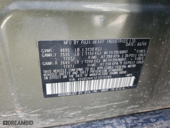 2015 Subaru Outback 2.5i Premium with VIN 4S4BSAHC5F3312289, listed as a Copart auction lot 47231075 with 169,470 mi miles and Salvage Title. Bid and sale history available at carsss.com. Image 14.
