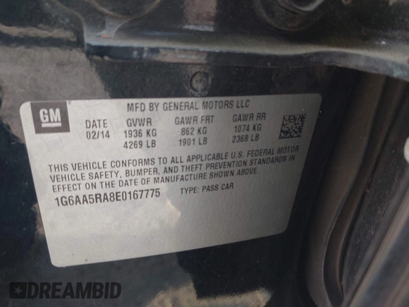 2014 Cadillac ATS Standard RWD with VIN 1G6AA5RA8E0167775, listed as a IAAI auction lot 41972796 with 145,443 mi miles and . Bid and sale history available at DreamBid. Image 9.