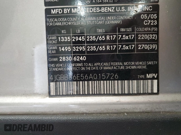 2006 Mercedes-Benz M 350 with VIN 4JGBB86E56A015726, listed as a Copart auction lot 51428725 with 117,497 mi miles and Salvage Title. Bid and sale history available at DreamBid. Image 13.