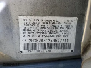 2000 Honda Civic VP with VIN 2HGEJ6612YH577711, listed as a Copart auction lot 52239805 with 195,138 mi miles and Salvage Title. Bid and sale history available at carsss.com. Image 12.