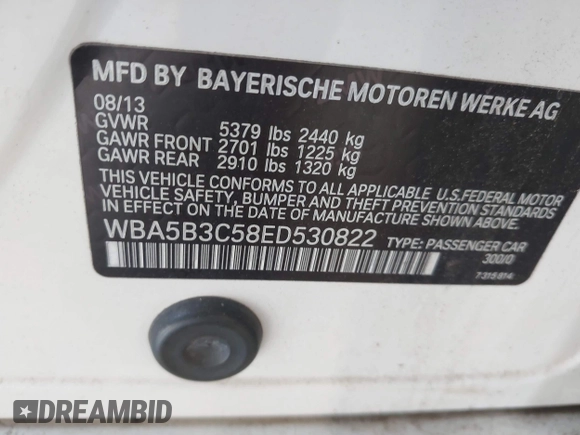 2014 BMW 5 Series 535i xDrive with VIN WBA5B3C58ED530822, listed as a IAAI auction lot 42561366 with 137,880 mi miles and . Bid and sale history available at DreamBid. Image 9.