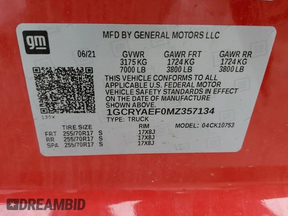 2021 Chevrolet Silverado 1500 Work Truck with VIN 1GCRYAEF0MZ357134, listed as a Copart auction lot 46982905 with Not Provided miles and Salvage Title. Bid and sale history available at DreamBid. Image 12.