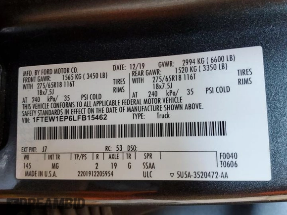 2020 Ford F-150 XL with VIN 1FTEW1EP6LFB15462, listed as a Copart auction lot 54035435 with 42,818 mi miles and Salvage title. Bid and sale history available at DreamBid. Image 12.