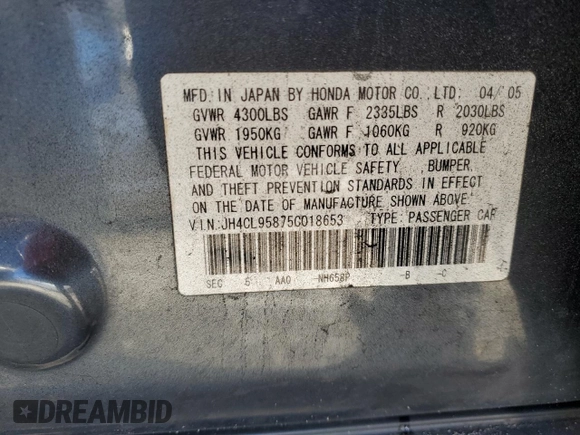 2005 Acura TSX with VIN JH4CL95875C018653, listed as a Copart auction lot 86725544 with 233,529 mi miles and Non Repairable. Bid and sale history available at carsss.com. Image 12.
