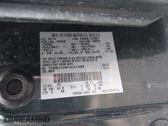 2004 Ford Expedition Special Service z VIN 1FMRU15W14LA15489, wystawiony jako IAAI lot #41795988 z przebiegiem 203 691 mil mil oraz . Historia ofert i sprzedaży dostępna na DreamBid. Obrazek 9.