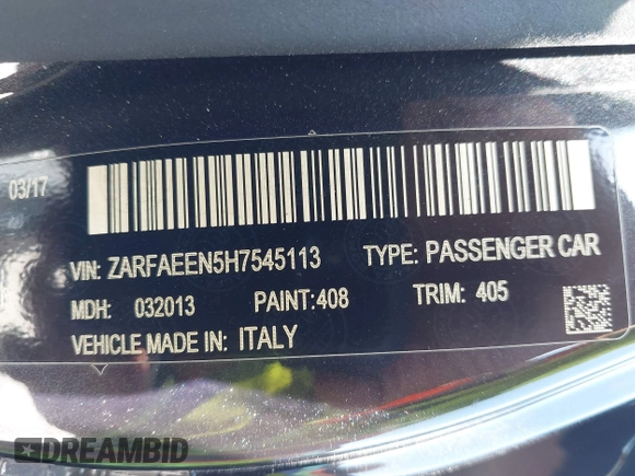 2017 Alfa Romeo Giulia Ti with VIN ZARFAEEN5H7545113, listed as a IAAI auction lot 41919103 with 62,182 mi miles. Bid and sale history available at carsss.com. Image 9.