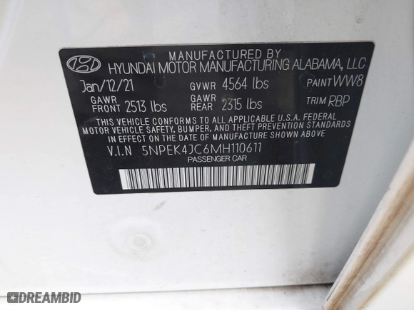 2021 Hyundai Sonata N Line with VIN 5NPEK4JC6MH110611, listed as a IAAI auction lot 41656490 with 52,061 mi miles. Bid and sale history available at carsss.com. Image 9.