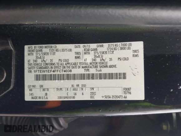 2015 Ford F-150 XLT z VIN 1FTEW1EF4FFC74038, wystawiony jako IAAI lot #42376851 z przebiegiem 66 385 mil mil oraz . Historia ofert i sprzedaży dostępna na DreamBid. Obrazek 9.
