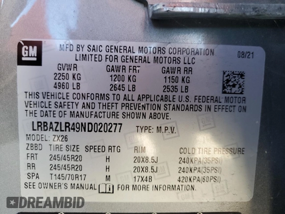 2022 Buick Envision Preferred with VIN LRBAZLR49ND020277, listed as a Copart auction lot 69142684 with 47,106 mi miles and Non Repairable. Bid and sale history available at DreamBid. Image 14.
