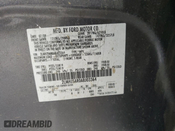 2010 Lincoln MKT with VIN 2LMHJ5AR0ABJ03364, listed as a Copart auction lot 67558804 with 180,294 mi miles and Salvage Title. Bid and sale history available at DreamBid. Image 15.