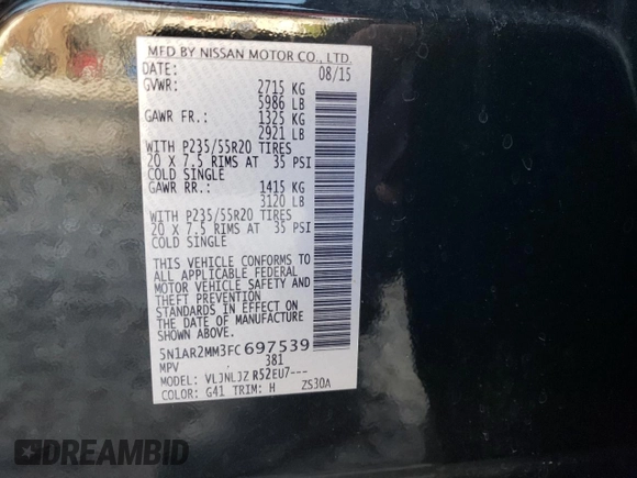 2015 Nissan Pathfinder Platinum with VIN 5N1AR2MM3FC697539, listed as a Copart auction lot 63624355 with 97,370 mi miles and Salvage title. Bid and sale history available at DreamBid. Image 13.