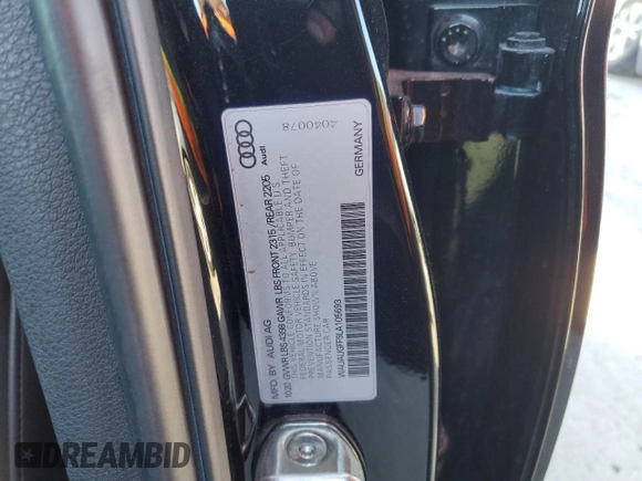 2020 Audi A3 Premium with VIN WAUAUGFF9LA105693, listed as a Copart auction lot 83418994 with 34,964 mi miles and Salvage Title. Bid and sale history available at DreamBid. Image 12.