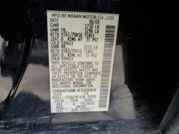 2008 Nissan Frontier SE with VIN 1N6AD07U68C450888, listed as a Copart auction lot 58016045 with 162,079 mi miles and Salvage title. Bid and sale history available at DreamBid. Image 12.