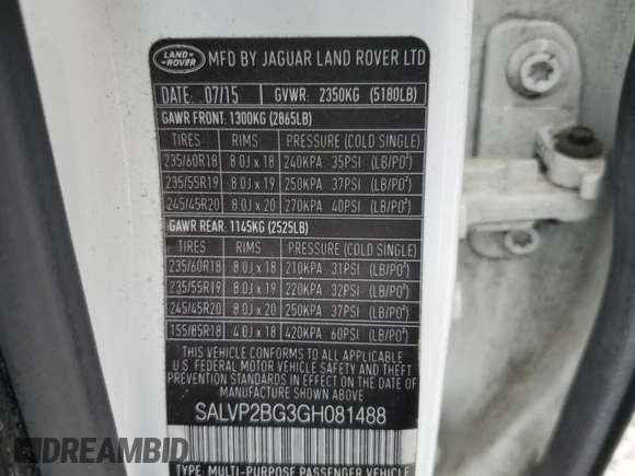 2016 Land Rover Range Rover Evoque SE с VIN SALVP2BG3GH081488, выставлен на аукционе Copart как лот 54192595 с пробегом 107 532 миль миль и Списание • Salvage title. История ставок и продаж доступна на DreamBid. Изображение 13.