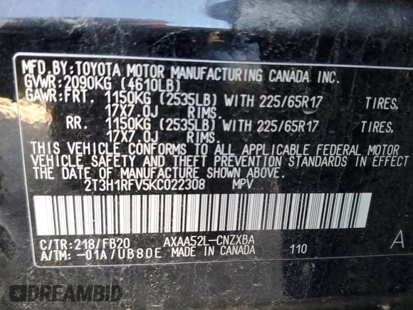 2019 Toyota RAV4 LE with VIN 2T3H1RFV5KC022308, listed as a Copart auction lot 49775905 with 76,704 mi miles and Salvage Title. Bid and sale history available at carsss.com. Image 14.
