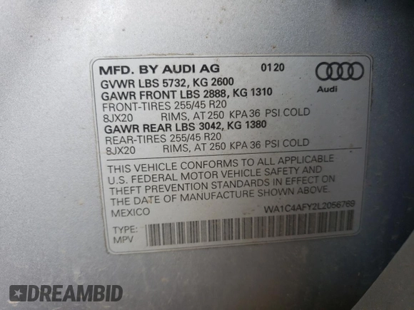 2020 Audi SQ5 Prestige with VIN WA1C4AFY2L2056769, listed as a Copart auction lot 57698973 with 40,048 mi miles. Bid and sale history available at carsss.com. Image 13.