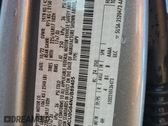2022 Ford Escape SE с VIN 1FMCU0G64NUB89405, выставлен на аукционе Copart как лот 73887264 с пробегом Не указан миль и Списание • Salvage title. История ставок и продаж доступна на DreamBid. Изображение 14.