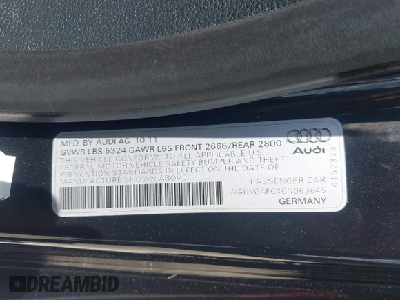2012 Audi A7 Premium Plus with VIN WAUYGAFC4CN063645, listed as a IAAI auction lot 42561639 with 174,712 mi miles and . Bid and sale history available at DreamBid. Image 9.