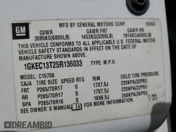 2005 GMC Yukon SLT z VIN 1GKEC13T25R136033, wystawiony jako Copart lot #48189995 z przebiegiem Nie podano mil oraz Szkoda całkowita • Salvage title. Historia ofert i sprzedaży dostępna na DreamBid. Obrazek 14.