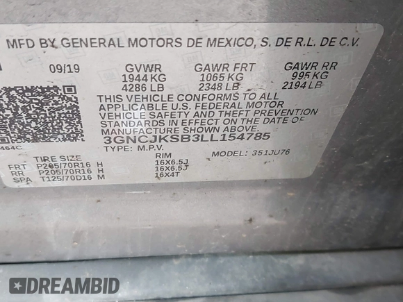 2020 Chevrolet Trax LS with VIN 3GNCJKSB3LL154785, listed as a IAAI auction lot 42523242 with 31,038 mi miles and . Bid and sale history available at DreamBid. Image 9.