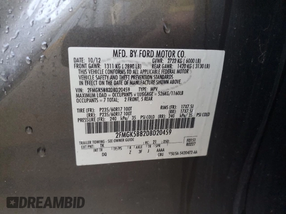 2013 Ford Flex SE z VIN 2FMGK5B82DBD20459, wystawiony jako Copart lot #54504205 z przebiegiem 134 140 mil mil oraz Szkoda całkowita • Salvage title. Historia ofert i sprzedaży dostępna na DreamBid. Obrazek 13.
