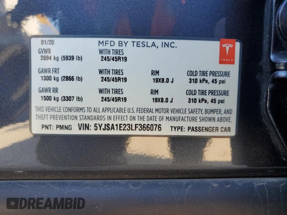2020 Tesla Model S Long Range с VIN 5YJSA1E23LF366076, выставлен на аукционе Copart как лот 47466095 с пробегом 72 241 миль миль и Списание • Salvage title. История ставок и продаж доступна на DreamBid. Изображение 13.