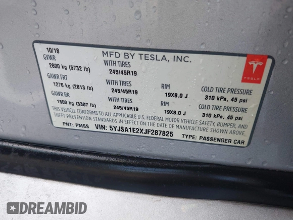 2018 Tesla Model S 75D with VIN 5YJSA1E2XJF287825, listed as a IAAI auction lot 41912116 with Not Provided miles and . Bid and sale history available at DreamBid. Image 9.