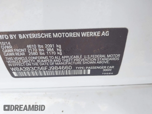 2015 BMW 3 Series 328i xDrive with VIN WBA3B3C56FJ984660, listed as a IAAI auction lot 42046128 with Not provided miles and . Bid and sale history available at DreamBid. Image 9.