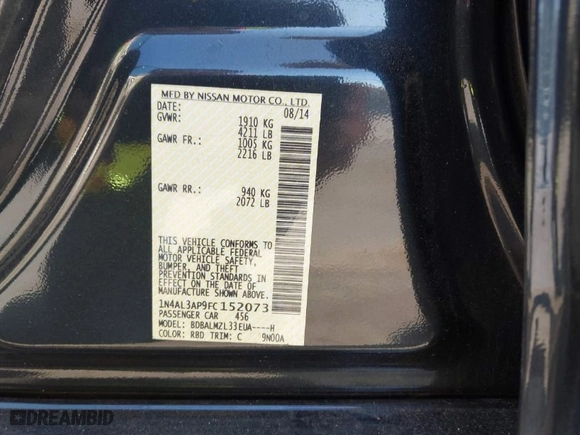 2015 Nissan Altima 2.5 S with VIN 1N4AL3AP9FC152073, listed as a IAAI auction lot 41859872 with 72,518 mi miles. Bid and sale history available at carsss.com. Image 9.