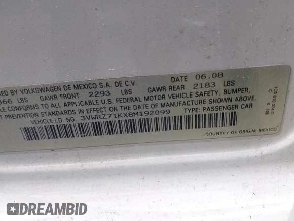 2008 Volkswagen Jetta SE with VIN 3VWRZ71KX8M192099, listed as a IAAI auction lot 42198564 with 125,699 mi miles and . Bid and sale history available at DreamBid. Image 9.