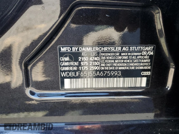 2005 Mercedes-Benz E 320 with VIN WDBUF65J55A675993, listed as a Copart auction lot 52446015 with 64,459 mi miles and Salvage Title. Bid and sale history available at DreamBid. Image 12.
