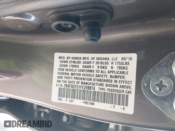 2015 Honda Civic LX with VIN 19XFB2F51FE259874, listed as a IAAI auction lot 42380822 with 100,036 mi miles and . Bid and sale history available at DreamBid. Image 9.