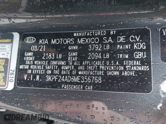 2021 Kia Forte LXS с VIN 3KPF24AD6ME356768, выставлен на аукционе IAAI как лот 42681277 с пробегом 48 360 миль миль и . История ставок и продаж доступна на DreamBid. Изображение 9.