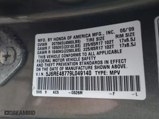 2009 Honda CR-V EX-L with VIN 5J6RE48779L049140, listed as a IAAI auction lot 41576708 with 185,052 mi miles. Bid and sale history available at carsss.com. Image 9.