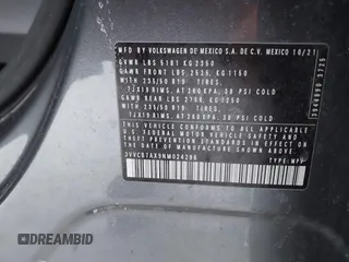 2022 Volkswagen Tiguan SE R-Line Black z VIN 3VVCB7AX9NM024296, wystawiony jako IAAI lot #41592795 z przebiegiem 45 308 mil mil oraz . Historia ofert i sprzedaży dostępna na DreamBid. Obrazek 9.