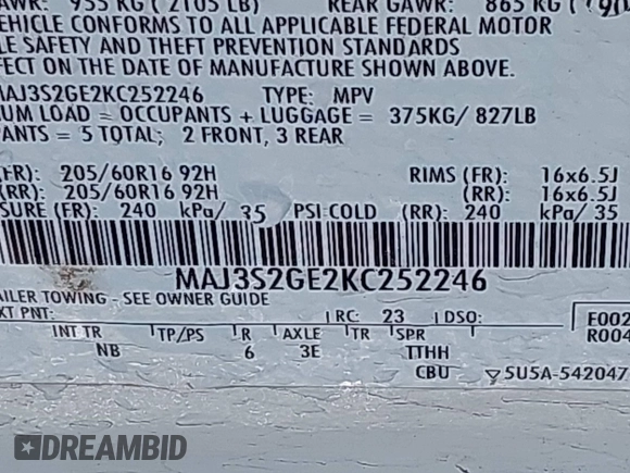 2019 Ford EcoSport SE with VIN MAJ3S2GE2KC252246, listed as a IAAI auction lot 40871864 with 54,329 mi miles and . Bid and sale history available at DreamBid. Image 9.