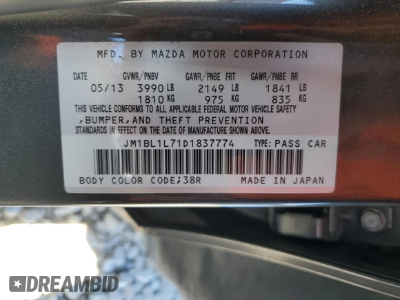 2013 Mazda 3 i Touring with VIN JM1BL1L71D1837774, listed as a Copart auction lot 55577805 with 150,106 mi miles and Salvage Title. Bid and sale history available at DreamBid. Image 12.