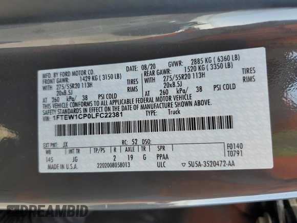 2020 Ford F-150 XL with VIN 1FTEW1CP0LFC22381, listed as a Copart auction lot 46346035 with 51,935 mi miles and Salvage Title. Bid and sale history available at carsss.com. Image 14.