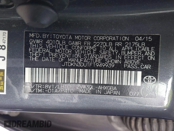 2015 Toyota Prius Four with VIN JTDKN3DU1F1949939, listed as a IAAI auction lot 41741074 with 186,714 mi miles. Bid and sale history available at carsss.com. Image 9.