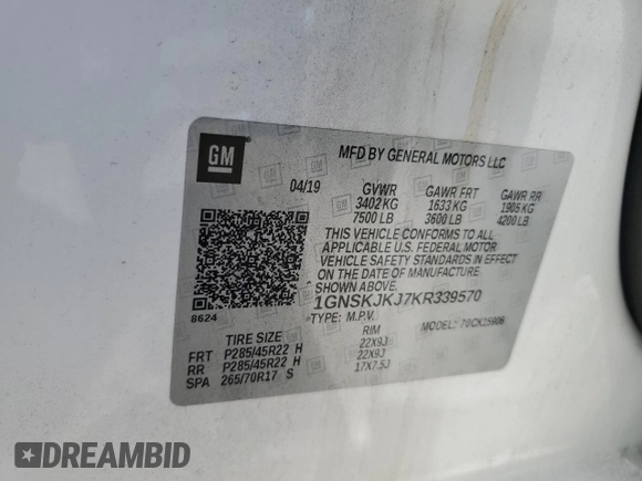 2019 Chevrolet Suburban Premier with VIN 1GNSKJKJ7KR339570, listed as a Copart auction lot 60350984 with 114,689 mi miles and Non Repairable. Bid and sale history available at DreamBid. Image 13.
