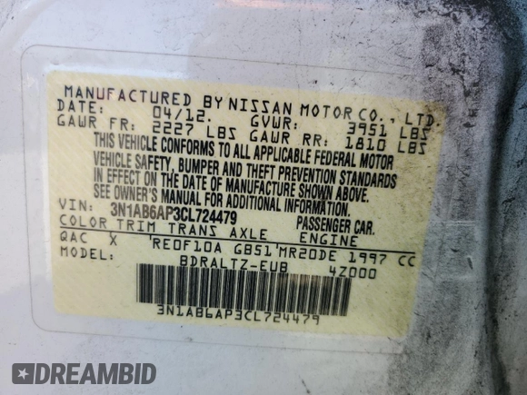 2012 Nissan Sentra S with VIN 3N1AB6AP3CL724479, listed as a Copart auction lot 54965635 with 187,971 mi miles and Salvage Title. Bid and sale history available at DreamBid. Image 12.